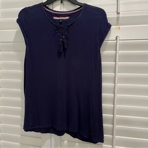 Tommy Hilfiger Navy Blue Short Sleeve Top with Tassels Womens Size S/P